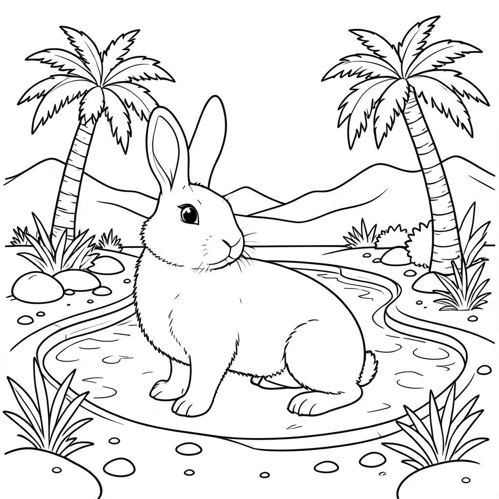 solo, chủ đề đơn, bốn chân, một đầu, một đuôi, đúng giải phẫu, thỏ, sa mạc, ốc đảo, hồ bơi, cây cọ, ánh sáng mặt trời, nước trong, đá mịn, cát, thảm thực vật, núi xa, trang màu, nghệ thuật đường, nền trắng, solo, chủ đề đơn, đúng giải phẫu, giải phẫu hoàn hảo