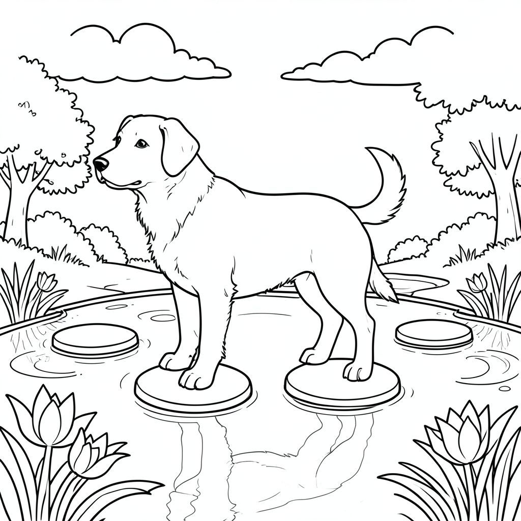 solo, chủ đề đơn, bốn chân, một đầu, một đuôi, chính xác về mặt giải phẫu,, ao hoa huệ, bước đệm tròn, mịn, nước trong, phản chiếu, ánh sáng mặt trời, gió nhẹ, bầu trời, đám mây, cây cối, trang màu, nghệ thuật đường nét, nền trắng, solo, chủ đề đơn, đúng giải phẫu, giải phẫu hoàn hảo