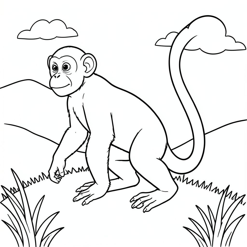 Độc lập, Linh trưởng đơn, Hai cánh tay, Hai chân, Một đuôi, Đúng giải phẫu, Khỉ, cỏ, Đỉnh đồi, Bầu trời quang đãng, Ánh sáng mặt trời, Nền đơn giản, dọn dẹp, Tuyến tính, Nghệ thuật đường, Sách truyện, tinh khiết và trắng, Trang màu, Nghệ thuật đường nét, nền trắng, Solo, chủ đề đơn, Đúng giải phẫu, Giải phẫu hoàn hảo