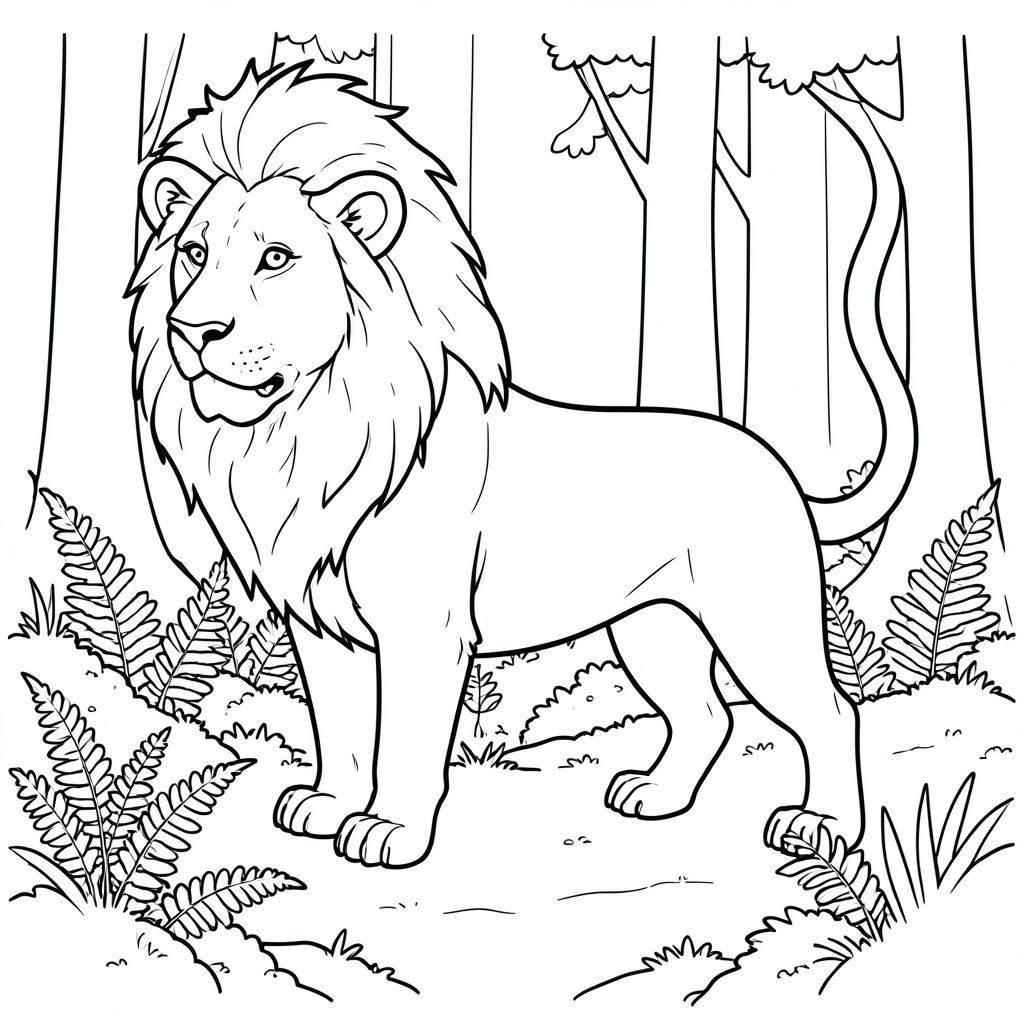 solo, chủ đề đơn, bốn chân, một đầu, một đuôi, đúng giải phẫu, sư tử, Dương xỉ, rêu, rừng, yên tĩnh, yên bình, nền đơn giản, đường nét sạch sẽ, nghệ thuật đường nét, đơn sắc, và trắng, trang màu, nghệ thuật đường nét, nền trắng, solo, chủ đề đơn, đúng giải phẫu, giải phẫu hoàn hảo