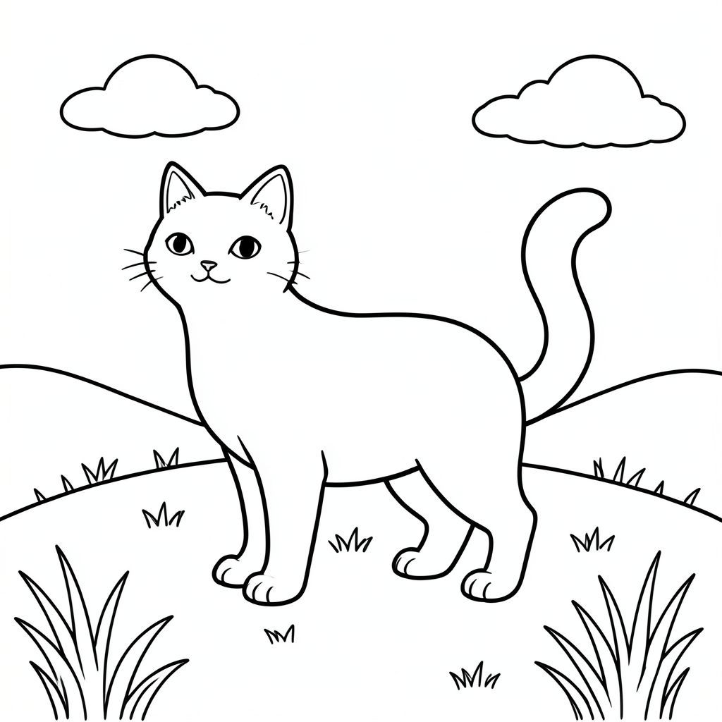 solo, chủ đề đơn, bốn chân, một đầu, một đuôi, chính xác về mặt giải phẫu, con mèo, cỏ, đồi, bầu trời quang đãng, đơn giản, sạch sẽ, phong cảnh, cánh đồng, ánh sáng mặt trời, yên bình, thanh thản, trang màu, nghệ thuật đường, nền trắng, solo, chủ đề đơn, đúng về mặt giải phẫu, giải phẫu hoàn hảo