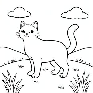 solo, chủ đề đơn, bốn chân, một đầu, một đuôi, chính xác về mặt giải phẫu, con mèo, cỏ, đồi, bầu trời quang đãng, đơn giản, sạch sẽ, phong cảnh, cánh đồng, ánh sáng mặt trời, yên bình, thanh thản, trang màu, nghệ thuật đường, nền trắng, solo, chủ đề đơn, đúng về mặt giải phẫu, giải phẫu hoàn hảo