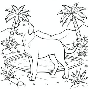 solo, chủ đề đơn, bốn chân, một đầu, một đuôi, đúng về mặt giải phẫu,, Sa mạc, ốc đảo, hồ bơi, cây cọ, ánh sáng mặt trời, nước trong, đá mịn, cát, thảm thực vật, núi xa, trang màu, nghệ thuật đường, nền trắng, solo, chủ đề đơn, đúng về mặt giải phẫu, giải phẫu hoàn hảo