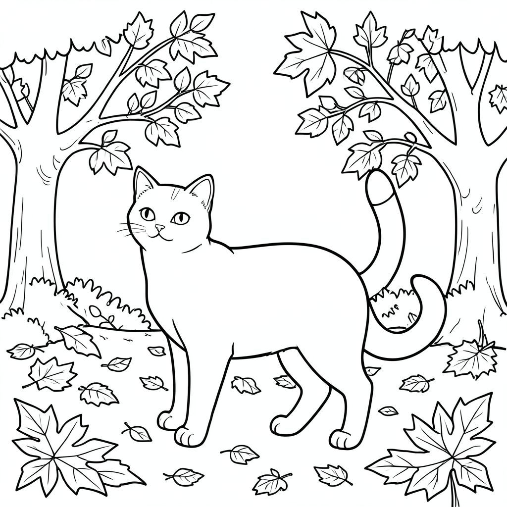 solo, chủ đề đơn, bốn chân, một đầu, một đuôi, chính xác về mặt giải phẫu, con mèo, Mùa thu, vườn cây ăn quả, Lá, rơi, mặt đất, ánh sáng mặt trời, trong sáng, Bầu trời, cây cối, chi nhánh, Trang tô màu, nghệ thuật đường, nền trắng, Solo, chủ đề đơn, chính xác về mặt giải phẫu, giải phẫu hoàn hảo