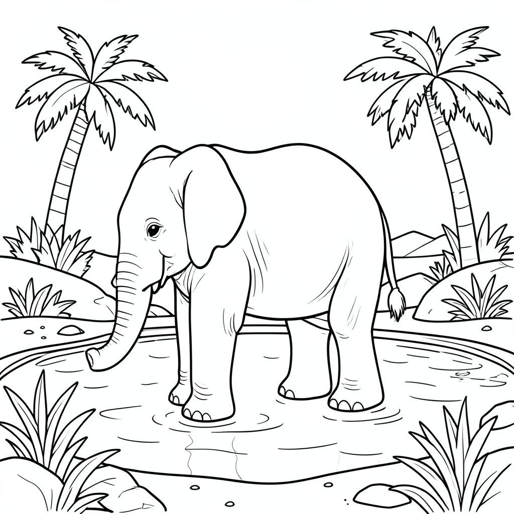 solo, một con voi, một thân cây, bốn chân, hai tai lớn, một đuôi, đúng về mặt giải phẫu, voi, sa mạc, ốc đảo, hồ bơi, cây cọ, ánh sáng mặt trời, nước trong, đá, cát, thảm thực vật, đường chân trời, trang màu, nghệ thuật đường, nền trắng, solo, chủ đề đơn, đúng về mặt giải phẫu, giải phẫu hoàn hảo