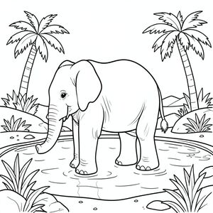 solo, một con voi, một thân cây, bốn chân, hai tai lớn, một đuôi, đúng về mặt giải phẫu, voi, sa mạc, ốc đảo, hồ bơi, cây cọ, ánh sáng mặt trời, nước trong, đá, cát, thảm thực vật, đường chân trời, trang màu, nghệ thuật đường, nền trắng, solo, chủ đề đơn, đúng về mặt giải phẫu, giải phẫu hoàn hảo