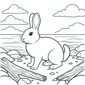 solo, chủ đề đơn, bốn chân, một đầu, một đuôi, chính xác về mặt giải phẫu, thỏ, Bờ đá, Lũa, Rải rác, cát, đá, bờ biển, đại dương, Bầu trời, những đám mây, Ánh sáng mặt trời, Trang tô màu, nghệ thuật đường, nền trắng, Solo, chủ đề đơn, chính xác về mặt giải phẫu, giải phẫu hoàn hảo