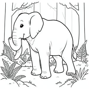 solo, một con voi, một thân, bốn chân, hai tai lớn, một đuôi, đúng về mặt giải phẫu, voi, dương xỉ, rêu, rừng, yên tĩnh, yên bình, đơn giản, sạch sẽ, tuyến tính, nghệ thuật đường nét, và trắng, trang màu, nghệ thuật đường nét, nền trắng, solo, chủ đề đơn, đúng về mặt giải phẫu, giải phẫu hoàn hảo