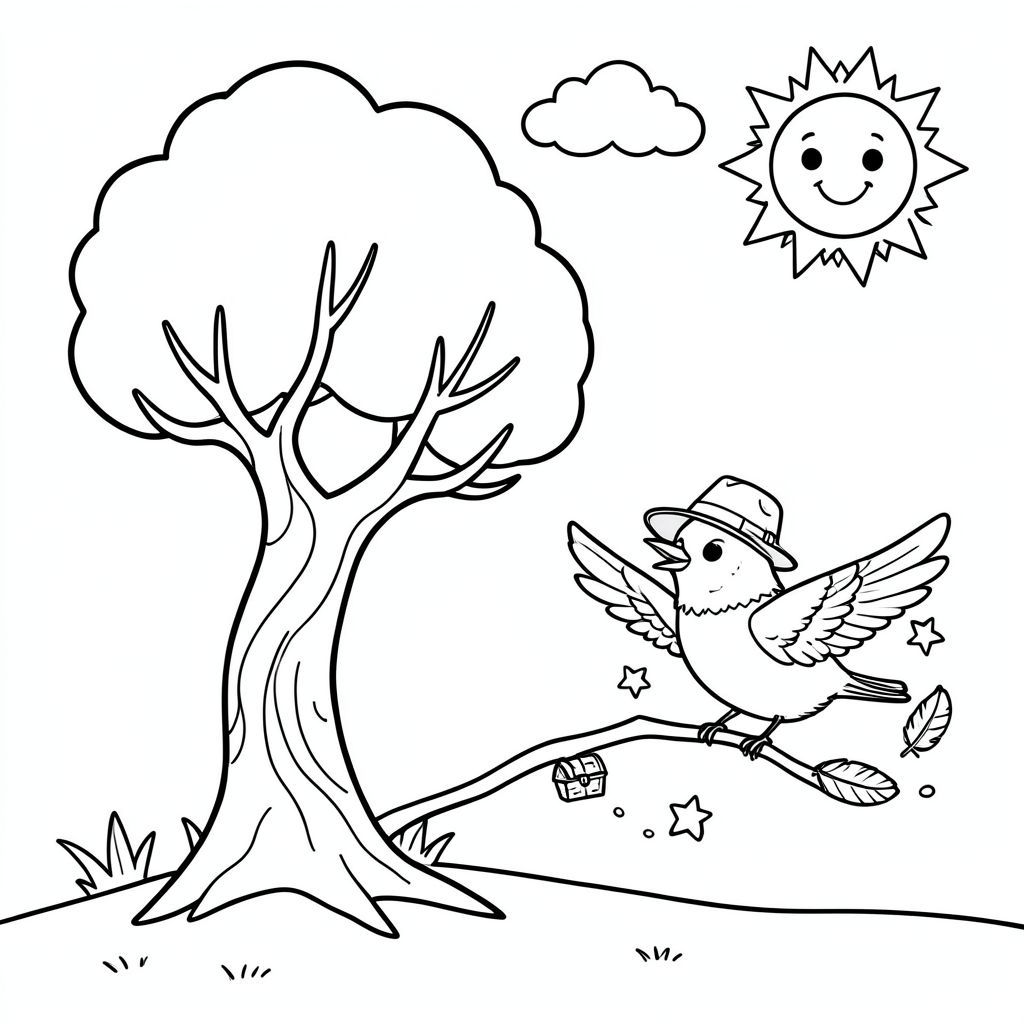 Một cây duy nhất, cách điệu với thân cây uốn lượn và một vài cành đơn giản. Cây lười biếng đung đưa trong một làn gió nhẹ. Mặt đất có bóng râm nhẹ với một vài chùm cỏ. Bầu trời là một bức tranh màu xanh rộng, trống rỗng điểm xuyết với một đám mây mỉm cười và một mặt trời rực rỡ, thân thiện. Ở phía trước, một con chim đỏ hạnh phúc đội mũ thám hiểm thu nhỏ đậu trên một cành cây, đôi cánh dang rộng như thể sẵn sàng cất cánh. Con chim đỏ được bao quanh bởi những hình vẽ nguệch ngoạc nhỏ, vui tươi — một chiếc rương kho báu nhỏ, một ngôi sao và một vệt lông vũ. Mỗi yếu tố được vẽ bằng những đường dày, đậm để trẻ có thể dễ dàng tô màu. Thiết kế tổng thể vui tươi và ấm áp, mời trẻ em lấp đầy khung cảnh bằng những màu sắc yêu thích của chúng. }