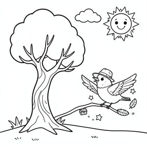 Một cây duy nhất, cách điệu với thân cây uốn lượn và một vài cành đơn giản. Cây lười biếng đung đưa trong một làn gió nhẹ. Mặt đất có bóng râm nhẹ với một vài chùm cỏ. Bầu trời là một bức tranh màu xanh rộng, trống rỗng điểm xuyết với một đám mây mỉm cười và một mặt trời rực rỡ, thân thiện. Ở phía trước, một con chim đỏ hạnh phúc đội mũ thám hiểm thu nhỏ đậu trên một cành cây, đôi cánh dang rộng như thể sẵn sàng cất cánh. Con chim đỏ được bao quanh bởi những hình vẽ nguệch ngoạc nhỏ, vui tươi — một chiếc rương kho báu nhỏ, một ngôi sao và một vệt lông vũ. Mỗi yếu tố được vẽ bằng những đường dày, đậm để trẻ có thể dễ dàng tô màu. Thiết kế tổng thể vui tươi và ấm áp, mời trẻ em lấp đầy khung cảnh bằng những màu sắc yêu thích của chúng. }