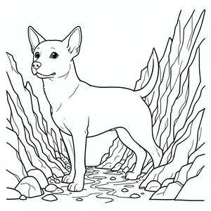 solo, chủ đề đơn, một đầu, hai mắt, hai tai, bốn chân, một đuôi, đúng giải phẫu, chó, Đá núi lửa, dòng dung nham, đá cứng, lỗ thông hơi, răng cưa, tường dốc, lối đi hẹp, mỏ khoáng sản, hoạt động địa nhiệt, nhiệt độ cao, trang màu, nghệ thuật đường nét, nền trắng, solo, chủ đề đơn, đúng giải phẫu, giải phẫu hoàn hảo