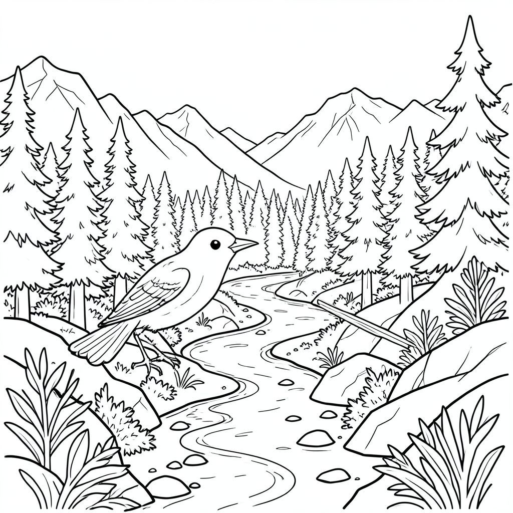 solo, một con chim, một đầu, hai mắt, một mỏ, hai cánh, hai chân, một đuôi, đúng về mặt giải phẫu, chim, Dãy núi đá, sông quanh co, cây thông cao, rừng rậm rạp, địa hình đá, sàn thung lũng, ánh sáng mặt trời, đường thẳng đứng, tán lá chi tiết, con đường, trang tô màu, nghệ thuật đường, nền trắng, solo, chủ đề đơn, chính xác về mặt giải phẫu, giải phẫu hoàn hảo