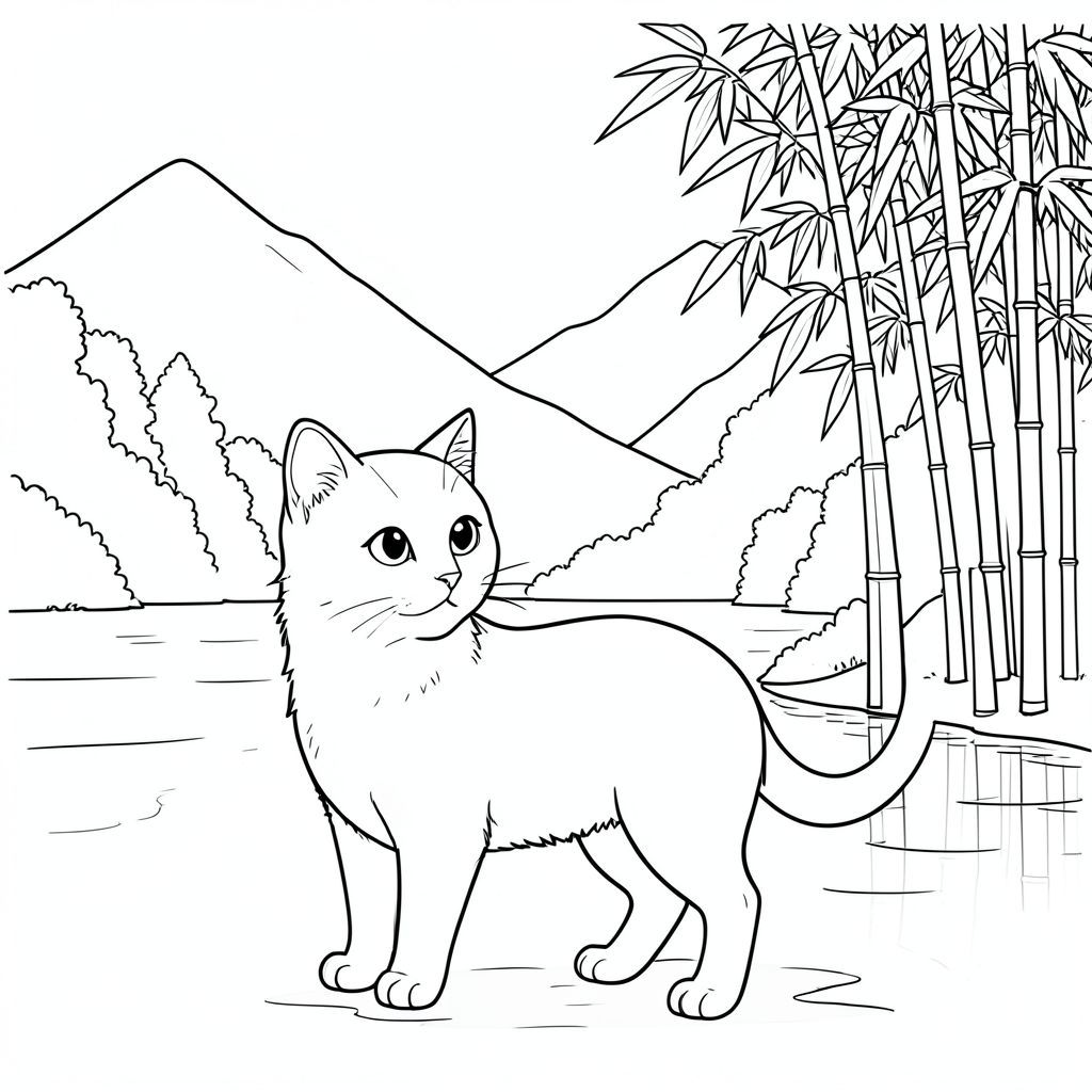 solo, chủ đề đơn, một đầu, hai mắt, hai tai, bốn chân, một đuôi, đúng về mặt giải phẫu, con mèo, sương mù, thanh bình, hồ, điềm tĩnh, núi, cao, dày đặc, tre, thân cây, ánh sáng mặt trời, trang màu, nghệ thuật đường, nền trắng, solo, chủ đề đơn, đúng giải phẫu, giải phẫu hoàn hảo
