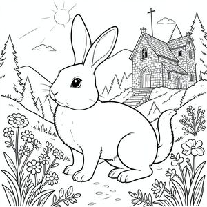 solo, chủ đề đơn, một cái đầu, hai mắt, hai tai, bốn chân, một đuôi, đúng giải phẫu, thỏ, nhà thờ đá, đồi, hoa dại, ánh sáng mặt trời, rừng, con đường, lý lịch, chi tiết, thực tế, cũ, trang màu, nghệ thuật đường, nền trắng, solo, chủ đề đơn, đúng giải phẫu, giải phẫu hoàn hảo