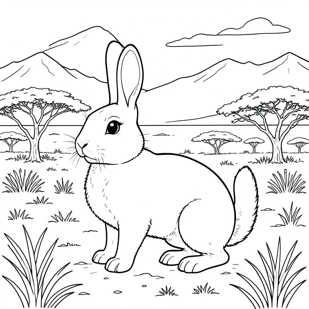 solo, chủ đề đơn, một đầu, hai mắt, hai tai, bốn chân, một đuôi, đúng về mặt giải phẫu, thỏ, Savanna, đồng cỏ mở, cây keo, bầu trời, Mở rộng, rộng, núi xa, thảm thực vật rải rác, ánh sáng mặt trời, trái đất kết cấu, trang màu, nghệ thuật đường, nền trắng, solo, chủ đề đơn, đúng về mặt giải phẫu, giải phẫu hoàn hảo