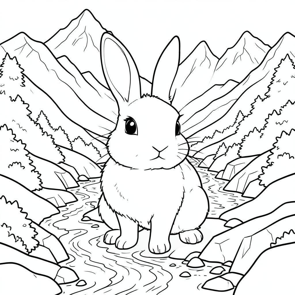 solo, chủ đề đơn, một đầu, hai mắt, hai tai, bốn chân, một đuôi, đúng về mặt giải phẫu, thỏ, thung lũng núi, toàn cảnh, tuyết, tan chảy, dòng chảy xiết, địa hình đá, sườn dốc xanh tươi, ánh sáng mặt trời, phản chiếu, đỉnh xa xôi, trang tô màu, nghệ thuật đường, nền trắng, solo, chủ đề đơn, chính xác về mặt giải phẫu, giải phẫu hoàn hảo