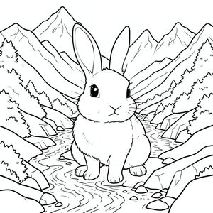 solo, chủ đề đơn, một đầu, hai mắt, hai tai, bốn chân, một đuôi, đúng về mặt giải phẫu, thỏ, thung lũng núi, toàn cảnh, tuyết, tan chảy, dòng chảy xiết, địa hình đá, sườn dốc xanh tươi, ánh sáng mặt trời, phản chiếu, đỉnh xa xôi, trang tô màu, nghệ thuật đường, nền trắng, solo, chủ đề đơn, chính xác về mặt giải phẫu, giải phẫu hoàn hảo