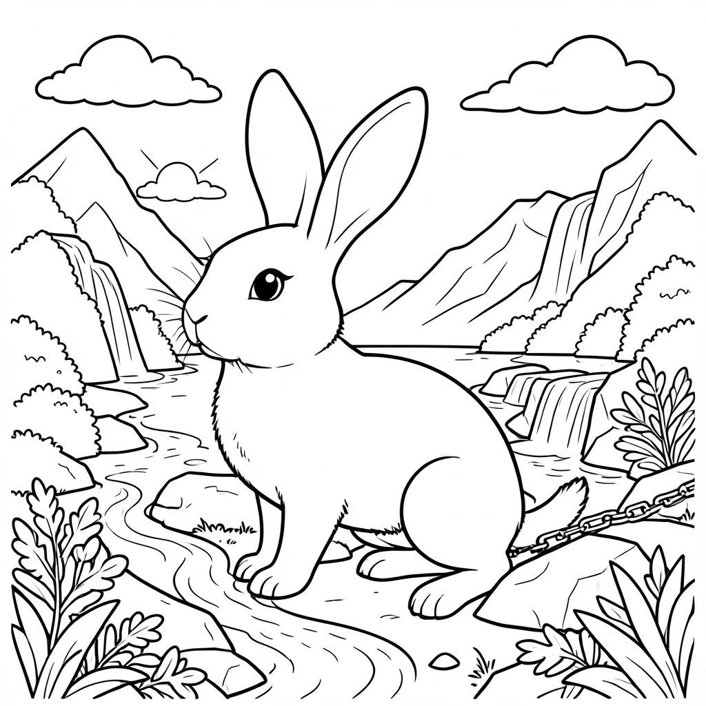 solo, chủ đề đơn, một đầu, hai mắt, hai tai, bốn chân, một đuôi, đúng giải phẫu, thỏ, hồ, thác nước, núi, chuỗi, suối, đá, tán lá, ánh sáng mặt trời, đám mây, bầu trời, trang màu, nghệ thuật đường, nền trắng, solo, chủ đề đơn, đúng giải phẫu, giải phẫu hoàn hảo