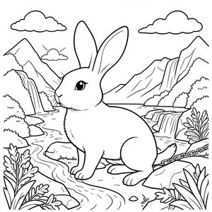 solo, chủ đề đơn, một đầu, hai mắt, hai tai, bốn chân, một đuôi, đúng giải phẫu, thỏ, hồ, thác nước, núi, chuỗi, suối, đá, tán lá, ánh sáng mặt trời, đám mây, bầu trời, trang màu, nghệ thuật đường, nền trắng, solo, chủ đề đơn, đúng giải phẫu, giải phẫu hoàn hảo