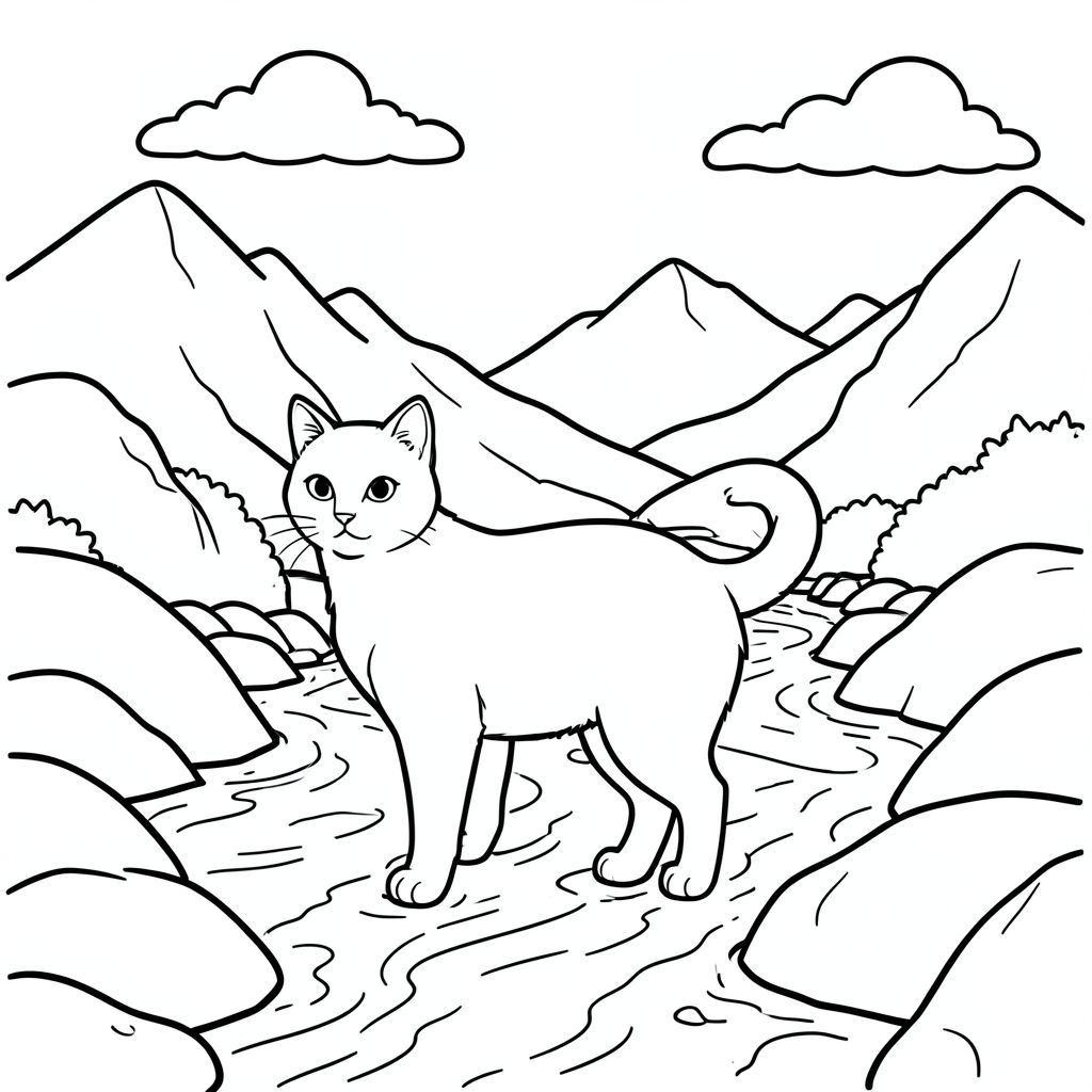 solo, chủ đề đơn, một đầu, hai mắt, hai tai, bốn chân, một đuôi, đúng về mặt giải phẫu, con mèo, núi, sông, nước, đá, mịn, tảng đá, vội vàng, dòng chảy, ánh sáng mặt trời, bầu trời, trang màu, nghệ thuật đường, nền trắng, solo, chủ đề đơn, đúng giải phẫu, giải phẫu hoàn hảo