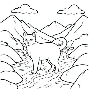 solo, chủ đề đơn, một đầu, hai mắt, hai tai, bốn chân, một đuôi, đúng về mặt giải phẫu, con mèo, núi, sông, nước, đá, mịn, tảng đá, vội vàng, dòng chảy, ánh sáng mặt trời, bầu trời, trang màu, nghệ thuật đường, nền trắng, solo, chủ đề đơn, đúng giải phẫu, giải phẫu hoàn hảo