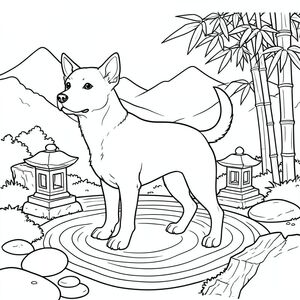 solo, chủ đề đơn, một đầu, hai mắt, hai tai, bốn chân, một đuôi, đúng giải phẫu,, vườn thiền, cát cào, đèn lồng đá, đá mịn, rêu, gỗ phong hóa, tre, tán lá, núi xa, thanh bình, trang màu, nghệ thuật đường, nền trắng, solo, chủ đề đơn, đúng giải phẫu, giải phẫu hoàn hảo