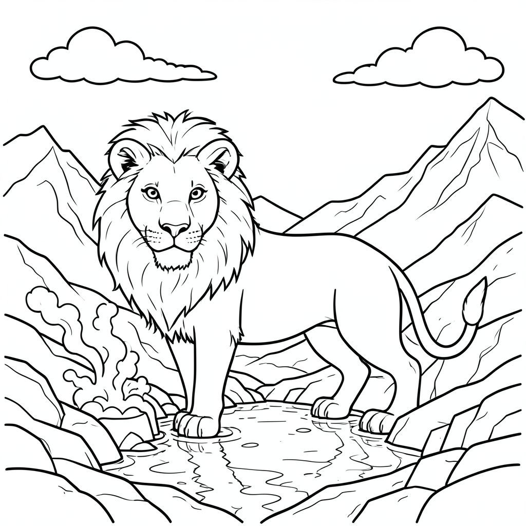 solo, chủ đề đơn, một đầu, hai mắt, hai tai, bốn chân, một đuôi, đúng giải phẫu, sư tử, núi tuyết, thung lũng, suối nước nóng, hơi nước, ánh sáng mặt trời, phản chiếu, bầu trời, đám mây, đỉnh xa, địa hình đá, trang màu, nghệ thuật đường, nền trắng, solo, chủ đề đơn, đúng giải phẫu, giải phẫu hoàn hảo