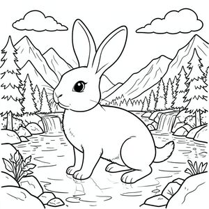 solo, chủ đề đơn, một đầu, hai mắt, hai tai, bốn chân, một đuôi, đúng về mặt giải phẫu, thỏ, hồ, thác nước, núi, rừng, đá, Bầu trời, đám mây, Ánh sáng mặt trời, Sự phản chiếu, trang tô màu, nghệ thuật đường nét, nền trắng, Solo, chủ đề đơn, đúng giải phẫu, giải phẫu hoàn hảo