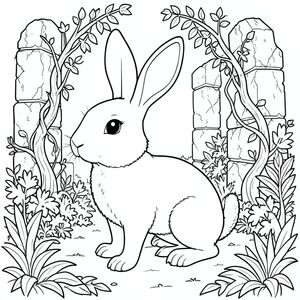 solo, chủ đề đơn, một đầu, hai mắt, hai tai, bốn chân, một đuôi, đúng về mặt giải phẫu, thỏ, Tàn tích cổ, đá, Phong hóa, vỡ vụn, mọc um tùm, dây leo, dày, tươi tốt, tán lá, Ánh sáng mặt trời, trang màu, nghệ thuật đường, nền trắng, solo, chủ đề đơn, đúng về mặt giải phẫu, giải phẫu hoàn hảo