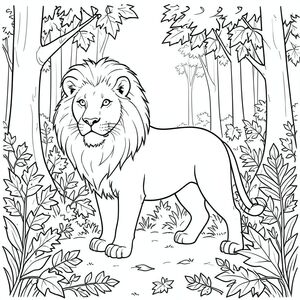 solo, chủ đề đơn, một đầu, hai mắt, hai tai, bốn chân, một đuôi, tỷ lệ tự nhiên, quy mô thích hợp trong môi trường, đúng giải phẫu, sư tử, lá mùa thu, lá, rừng, toàn cảnh, tán lá rậm rạp, thân cây cao, ánh sáng mặt trời, lốm đốm, thực tế, trang màu, nghệ thuật đường nét, nền trắng, solo, chủ đề đơn, đúng giải phẫu, giải phẫu hoàn hảo