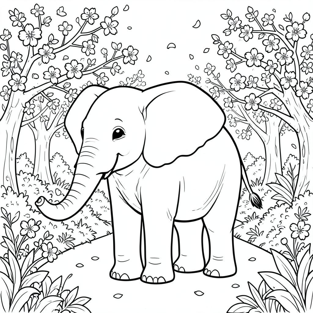 solo, một con voi, một đầu, hai mắt, hai tai lớn, một thân cây, bốn chân, một đuôi, bàn chân trên nền vững chắc, tỷ lệ tự nhiên, quy mô thích hợp trong môi trường, đúng về mặt giải phẫu, voi, hoa anh đào, gió xuân, ánh sáng mặt trời ấm áp, cánh hoa rơi, cây xanh tươi tốt, đại lộ quanh co, tán lá chi tiết, hoa văn phức tạp, giờ, bầu không khí thanh bình, trang màu, nghệ thuật đường, nền trắng, solo, chủ đề đơn,  chính xác về mặt giải phẫu, giải phẫu hoàn hảo