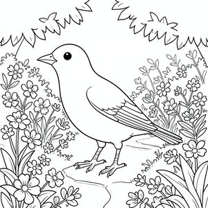 solo, một con chim, một đầu, hai mắt, một mỏ, hai cánh, hai chân, một đuôi, tỷ lệ tự nhiên, quy mô thích hợp trong môi trường, đúng giải phẫu, chim, vườn, hoa, con đường, cây xanh, ánh sáng mặt trời, lốm đốm, quanh co, tươi tốt, chi tiết, thực tế, trang màu, nghệ thuật đường, nền trắng, solo, chủ đề đơn, chính xác về mặt giải phẫu, giải phẫu hoàn hảo