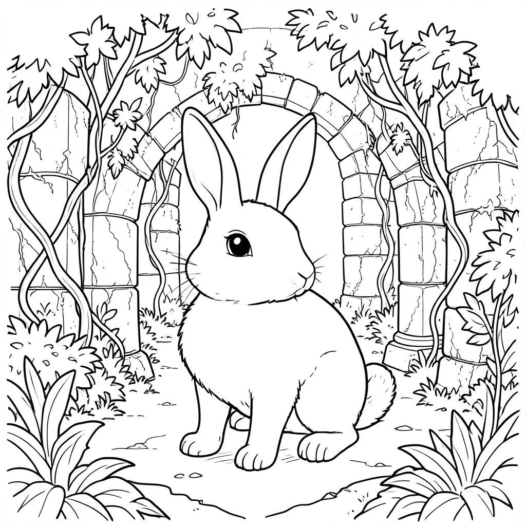 solo, chủ đề đơn, một đầu, hai mắt, hai tai, bốn chân, một đuôi, tỷ lệ tự nhiên, quy mô thích hợp trong môi trường, đúng giải phẫu, thỏ, Tàn tích đá cổ, dây leo mọc um tùm, tán lá dày, tường đổ nát, đá phong hóa, bề mặt rêu, lọc ánh sáng mặt trời, vòm vỡ, trụ sụp đổ, mặt đất không bằng phẳng, trang màu, nghệ thuật đường, nền trắng, solo, chủ đề đơn, đúng giải phẫu, giải phẫu hoàn hảo