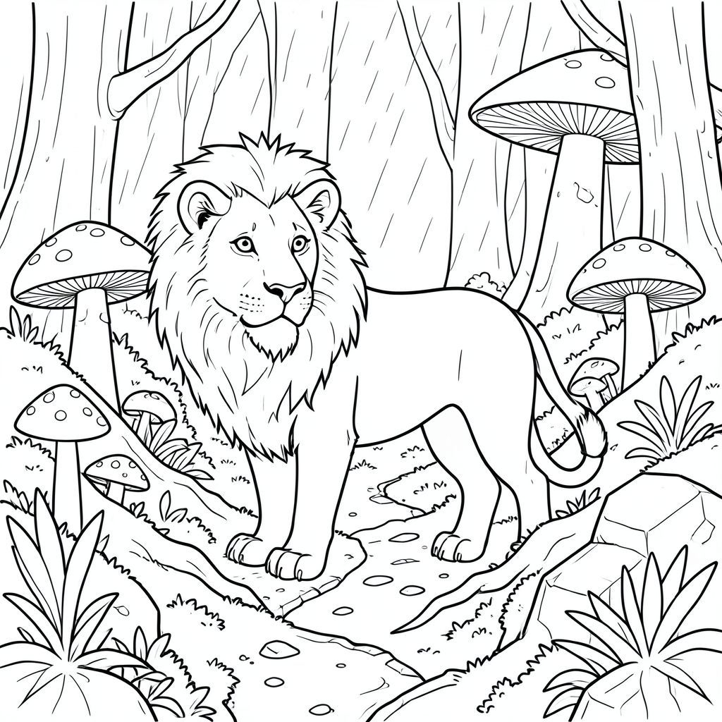solo, chủ đề đơn, một đầu, hai mắt, hai tai, bốn chân, một đuôi, tỷ lệ tự nhiên, quy mô thích hợp trong môi trường, đúng giải phẫu, sư tử, Rừng pha lê, nấm, nấm khổng lồ, rêu, đá, rễ, con đường, chiều sâu, phối cảnh, mưa, trang màu, nghệ thuật đường, nền trắng, solo, chủ đề đơn, đúng về mặt giải phẫu, giải phẫu hoàn hảo