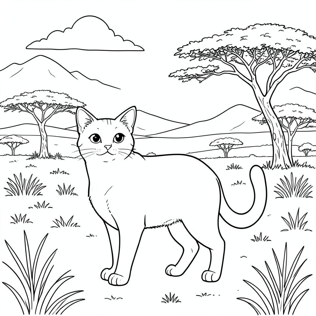 solo, chủ đề đơn, một đầu, hai mắt, hai tai, bốn chân, một đuôi, tỷ lệ tự nhiên, quy mô thích hợp trong môi trường, đúng giải phẫu, con mèo, Savanna, đồng cỏ mở, cây keo, bầu trời, rộng lớn, ánh sáng mặt trời, những ngọn núi xa xôi, những ngọn đồi thoai thoải, thảm thực vật thưa thớt, bụi, trang màu, nghệ thuật đường, nền trắng, solo, chủ đề đơn, đúng về mặt giải phẫu, giải phẫu hoàn hảo