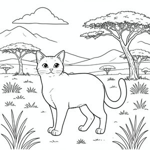 solo, chủ đề đơn, một đầu, hai mắt, hai tai, bốn chân, một đuôi, tỷ lệ tự nhiên, quy mô thích hợp trong môi trường, đúng giải phẫu, con mèo, Savanna, đồng cỏ mở, cây keo, bầu trời, rộng lớn, ánh sáng mặt trời, những ngọn núi xa xôi, những ngọn đồi thoai thoải, thảm thực vật thưa thớt, bụi, trang màu, nghệ thuật đường, nền trắng, solo, chủ đề đơn, đúng về mặt giải phẫu, giải phẫu hoàn hảo