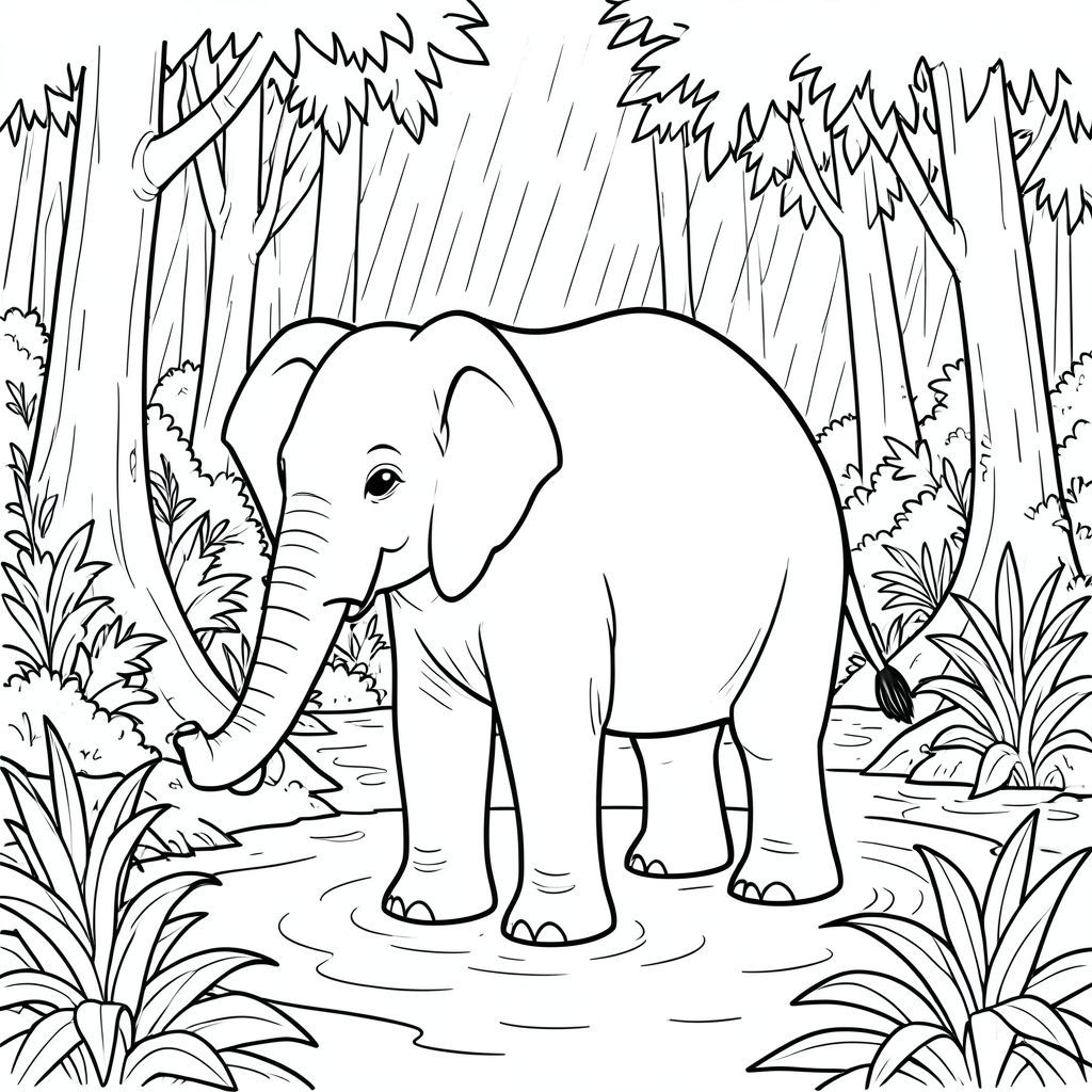 solo, một con voi, một đầu, hai mắt, hai tai lớn, một thân cây, bốn chân, một đuôi, bàn chân trên nền đất vững chắc, tỷ lệ tự nhiên, quy mô thích hợp trong môi trường, đúng về mặt giải phẫu, voi, Nước lũ, rừng, mưa, gió mùa, cây cối, Nước, chìm, dày đặc, tán lá, cao, trang màu, nghệ thuật đường, nền trắng, solo, chủ đề đơn, đúng về mặt giải phẫu, giải phẫu hoàn hảo