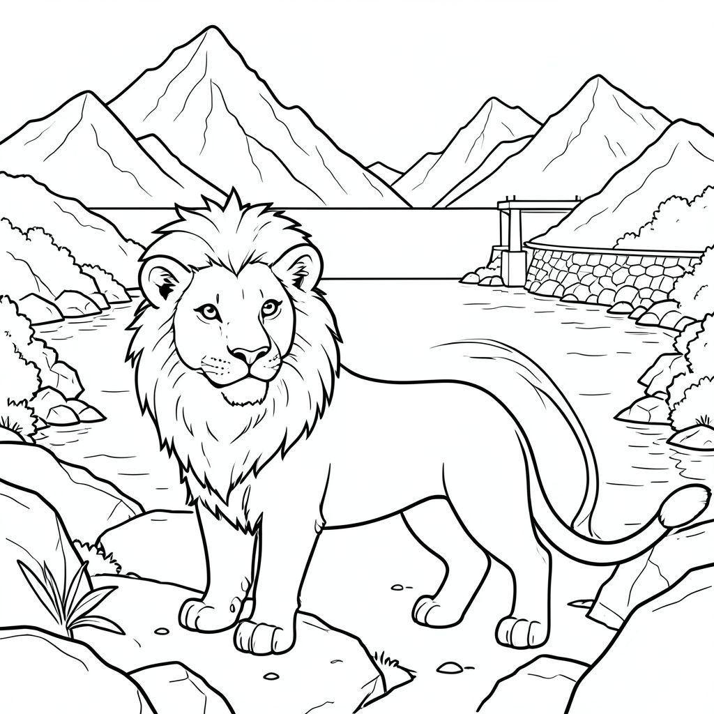 solo, chủ đề đơn, một đầu, hai mắt, hai tai, bốn chân, một đuôi, tỷ lệ tự nhiên, quy mô thích hợp trong môi trường, đúng giải phẫu, sư tử, Hồ chứa, hồ, núi, đập bê tông, đá, rộng lớn, mở rộng, nước mở rộng, đá, đỉnh răng cưa, trang màu, nghệ thuật đường, nền trắng, solo, chủ đề đơn, đúng giải phẫu, giải phẫu hoàn hảo
