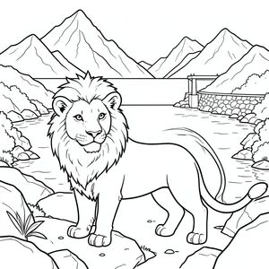 solo, chủ đề đơn, một đầu, hai mắt, hai tai, bốn chân, một đuôi, tỷ lệ tự nhiên, quy mô thích hợp trong môi trường, đúng giải phẫu, sư tử, Hồ chứa, hồ, núi, đập bê tông, đá, rộng lớn, mở rộng, nước mở rộng, đá, đỉnh răng cưa, trang màu, nghệ thuật đường, nền trắng, solo, chủ đề đơn, đúng giải phẫu, giải phẫu hoàn hảo