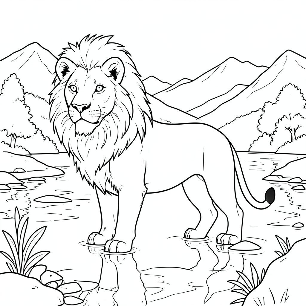 solo, chủ đề đơn, một đầu, hai mắt, hai tai, bốn chân, một đuôi, tỷ lệ tự nhiên, quy mô thích hợp trong môi trường, đúng giải phẫu, sư tử, Hồ núi, bình minh, phản chiếu, giống như thủy tinh, thanh thản, yên tĩnh, nước trong, nguyên sơ, ánh sáng mặt trời, giờ, tô màu, nghệ thuật đường, nền trắng, solo, chủ đề đơn, chính xác về mặt giải phẫu, giải phẫu hoàn hảo