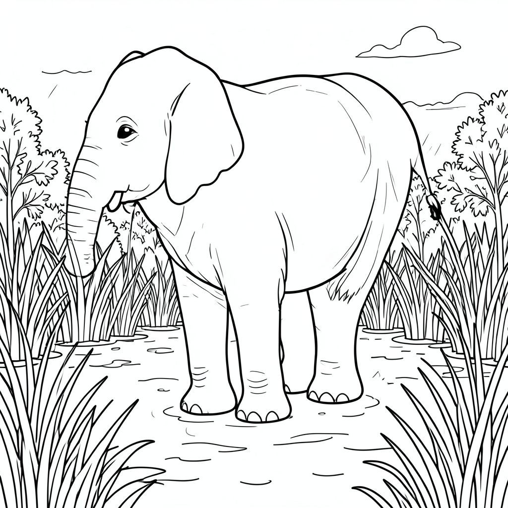 solo, một con voi, một đầu, hai mắt, hai tai lớn, một thân cây, bốn chân, một đuôi, bàn chân trên mặt đất vững chắc, tỷ lệ tự nhiên, quy mô thích hợp trong môi trường, đúng về mặt giải phẫu, voi, Everglades, đất ngập nước, cỏ cưa, kênh âm u, nước, thảm thực vật rậm rạp, cỏ cao, dòng chảy chậm, u ám, mưa, tô màu, nghệ thuật đường, nền trắng, solo, chủ đề đơn, đúng giải phẫu, giải phẫu hoàn hảo