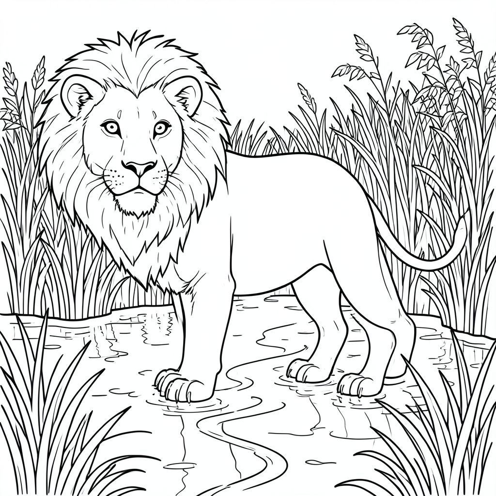 solo, chủ đề đơn, một đầu, hai mắt, hai tai, bốn chân, một đuôi, tỷ lệ tự nhiên, quy mô thích hợp trong môi trường, đúng giải phẫu, sư tử, đồng bằng, đất ngập nước, đường thủy, giường lau sậy, thảm thực vật rậm rạp, đường quanh co, ánh sáng mặt trời, giai điệu, nước, phản chiếu, trang màu, nghệ thuật đường nét, nền trắng, solo, chủ đề đơn, đúng giải phẫu, giải phẫu hoàn hảo