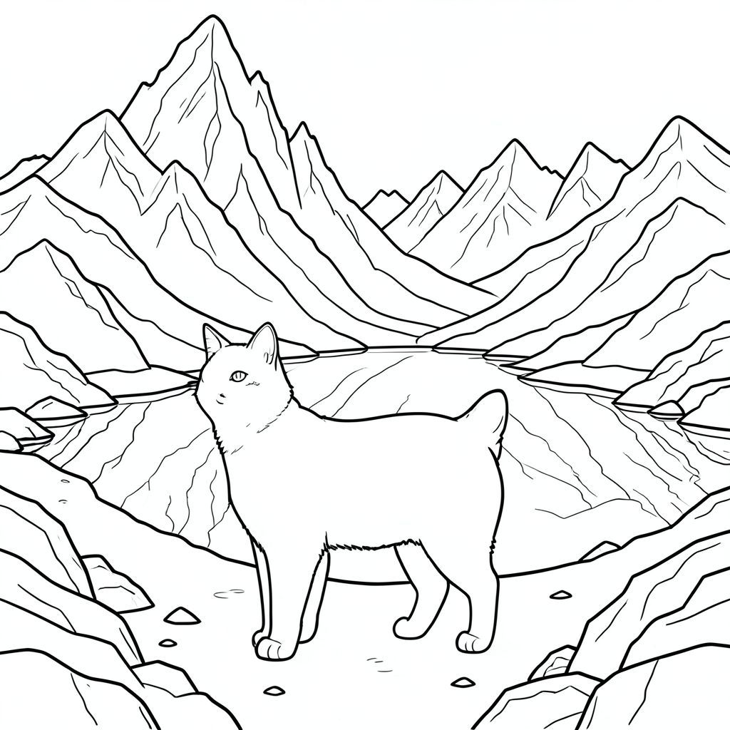 solo, chủ đề đơn, một đầu, hai mắt, hai tai, bốn chân, một đuôi, tỷ lệ tự nhiên, quy mô thích hợp trong môi trường, đúng giải phẫu, con mèo, Đỉnh răng cưa, tuyết phủ, hồ, phản chiếu, núi, đá, hoang vắng, rộng lớn, mở rộng, rõ ràng, trang màu, nghệ thuật đường nét, nền trắng, solo, chủ đề đơn, đúng giải phẫu, giải phẫu hoàn hảo