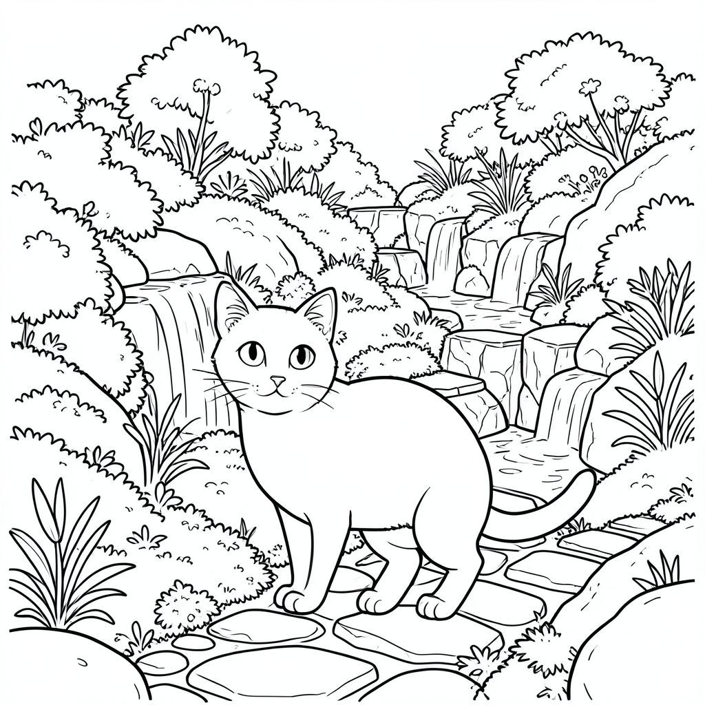 solo, chủ đề đơn, một đầu, hai mắt, hai tai, bốn chân, một đuôi, tỷ lệ tự nhiên, quy mô thích hợp trong môi trường, đúng giải phẫu, con mèo, Sườn đồi bậc thang, vườn Nhật Bản, thác nước, đường đá, thảm thực vật tươi tốt, rêu, đá, ánh sáng mặt trời, phản chiếu, đá mịn, trang màu, nghệ thuật đường, nền trắng, solo, chủ đề đơn, đúng giải phẫu, giải phẫu hoàn hảo