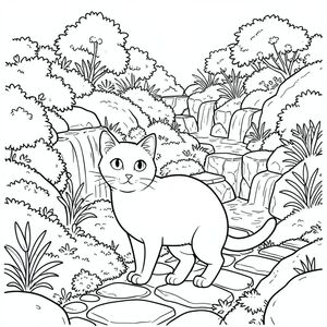 solo, chủ đề đơn, một đầu, hai mắt, hai tai, bốn chân, một đuôi, tỷ lệ tự nhiên, quy mô thích hợp trong môi trường, đúng giải phẫu, con mèo, Sườn đồi bậc thang, vườn Nhật Bản, thác nước, đường đá, thảm thực vật tươi tốt, rêu, đá, ánh sáng mặt trời, phản chiếu, đá mịn, trang màu, nghệ thuật đường, nền trắng, solo, chủ đề đơn, đúng giải phẫu, giải phẫu hoàn hảo