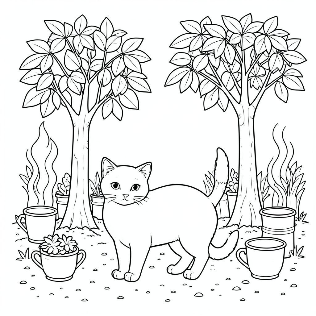 solo, chủ đề đơn, một đầu, hai mắt, hai tai, bốn chân, một đuôi, tỷ lệ tự nhiên, quy mô thích hợp trong môi trường, đúng giải phẫu, con mèo, Cây cao su, hàng, cốc sưu tập, thân cây, đất, kim loại, hơi nước, ánh sáng mặt trời, chi tiết, thực tế, trang tô màu, nghệ thuật đường, nền trắng, solo, chủ đề đơn, đúng về mặt giải phẫu, giải phẫu hoàn hảo