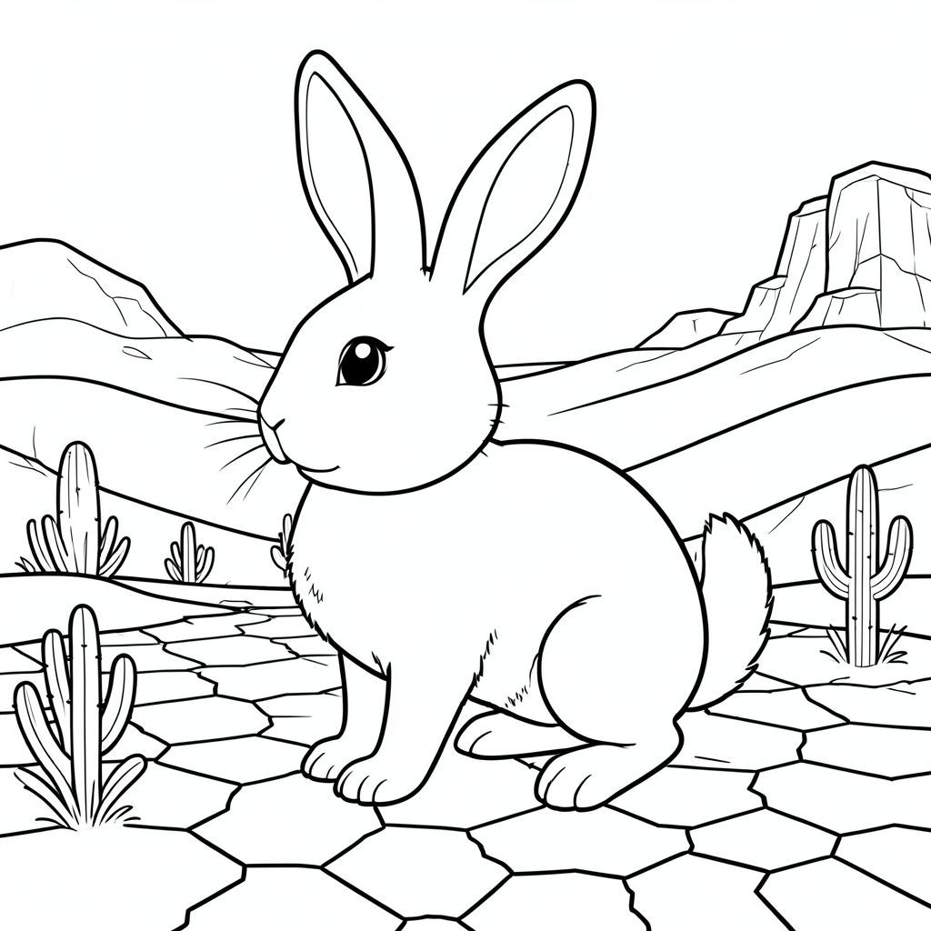 solo, chủ đề đơn, một đầu, hai mắt, hai tai, bốn chân, một đuôi, tỷ lệ tự nhiên, quy mô thích hợp trong môi trường, đúng giải phẫu, thỏ, sa mạc, cát, cồn cát, rộng lớn, mở rộng, đường chân trời, ánh sáng mặt trời, đất nứt, sự hình thành đá, xương rồng, trang màu, nghệ thuật đường, nền trắng, solo, chủ đề đơn, chính xác về mặt giải phẫu, giải phẫu hoàn hảo