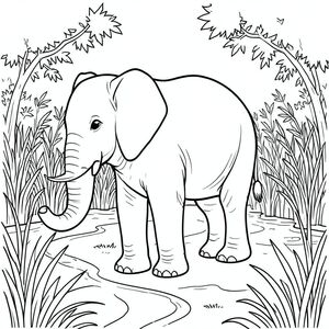 solo, một con voi, một đầu, hai mắt, hai tai lớn, một thân cây, bốn chân, một đuôi, chân trên nền vững chắc, tỷ lệ tự nhiên, quy mô thích hợp trong môi trường, đúng về mặt giải phẫu, voi, đồng bằng, đất ngập nước, đường thủy, lau sậy, dày đặc, thảm thực vật, quanh co, con đường, ánh sáng mặt trời, lốm đốm, trang màu, nghệ thuật đường, nền trắng, solo, chủ đề đơn, đúng về mặt giải phẫu, giải phẫu hoàn hảo