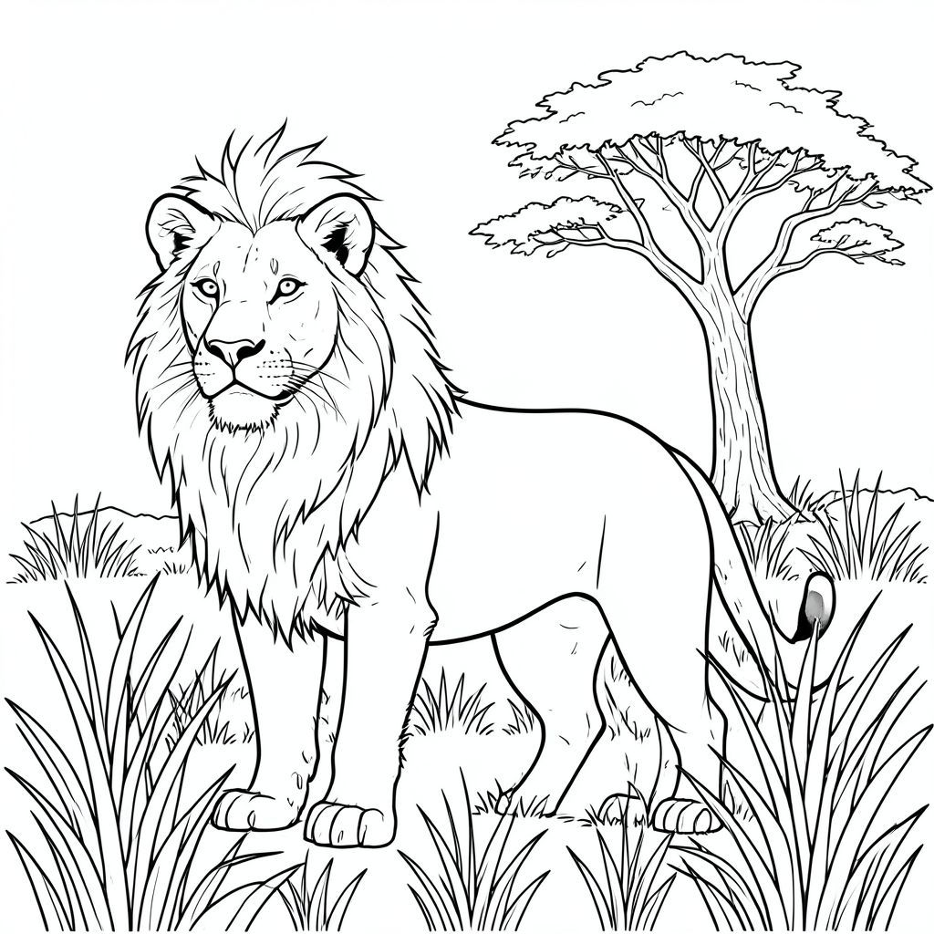 solo, chủ đề đơn, một đầu, hai mắt, hai tai, bốn chân, một đuôi, tỷ lệ tự nhiên, quy mô thích hợp trong môi trường, đúng giải phẫu, sư tử, Pampas, cỏ cao, gió thổi, hoang vắng, cây đơn độc, hoa văn hình học, hình minh họa, chi tiết, thực tế, khắc nghiệt, trang màu, nghệ thuật đường, nền trắng, solo, chủ đề đơn, chính xác về mặt giải phẫu, giải phẫu hoàn hảo