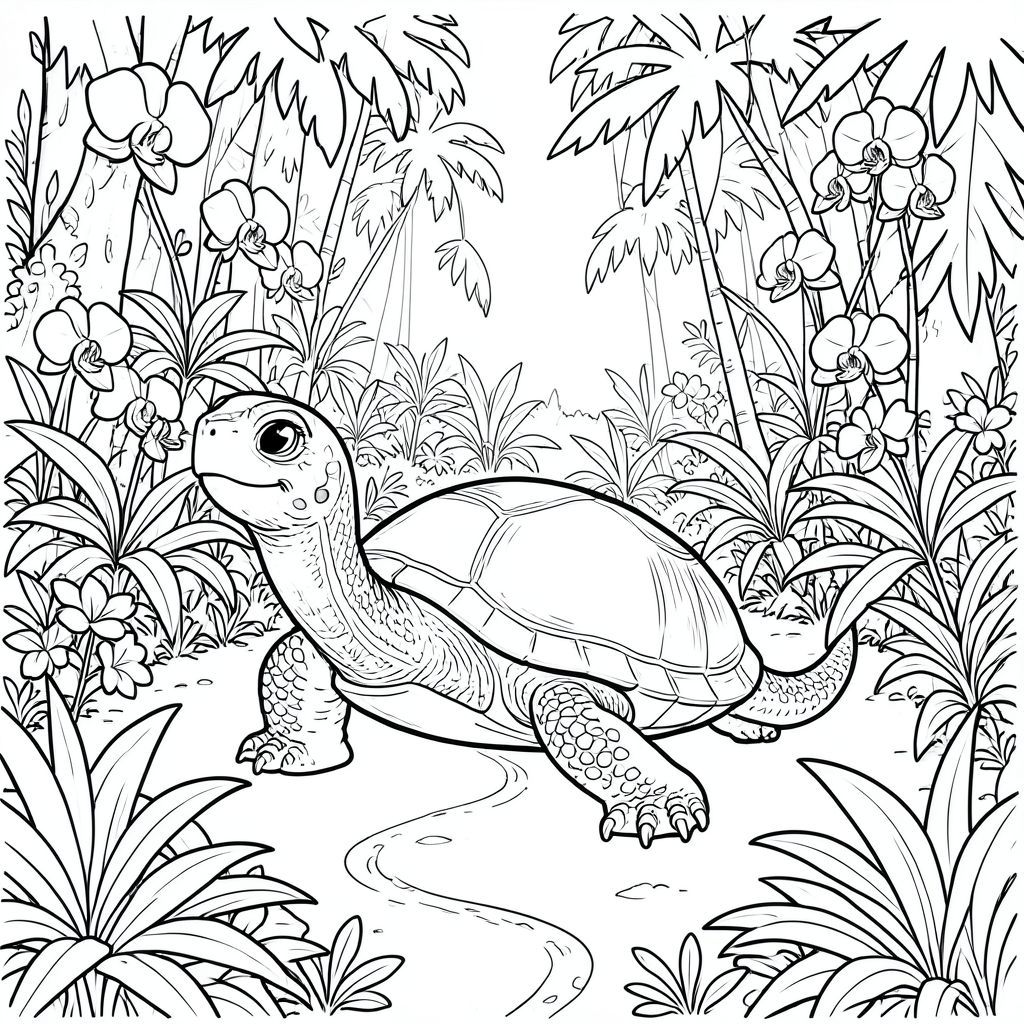 solo, rùa đơn, một đầu, hai mắt, bốn chân, một vỏ, một đuôi, bàn chân trên mặt đất vững chắc, tỷ lệ tự nhiên, quy mô thích hợp trong môi trường, đúng giải phẫu, rùa, Rừng mây nhiệt đới, độ cao cao, Thực vật biểu sinh, Hoa lan, tán lá rậm rạp, Ánh sáng mặt trời, lốm đốm, Đường quanh co, tán lá chi tiết, trang màu, nghệ thuật đường, nền trắng, solo, chủ đề đơn, chính xác về mặt giải phẫu, giải phẫu hoàn hảo